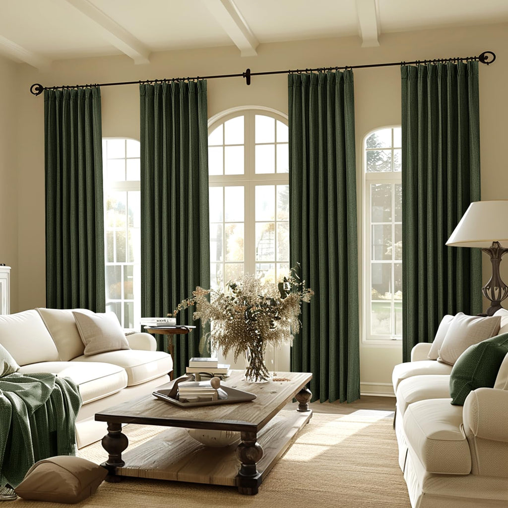 Miulee Olive Green Pinch Pleated 100% Blackout Linen Curtains For Bedroom, Room Darkening Dark Green Window Curtains 84 Inches L