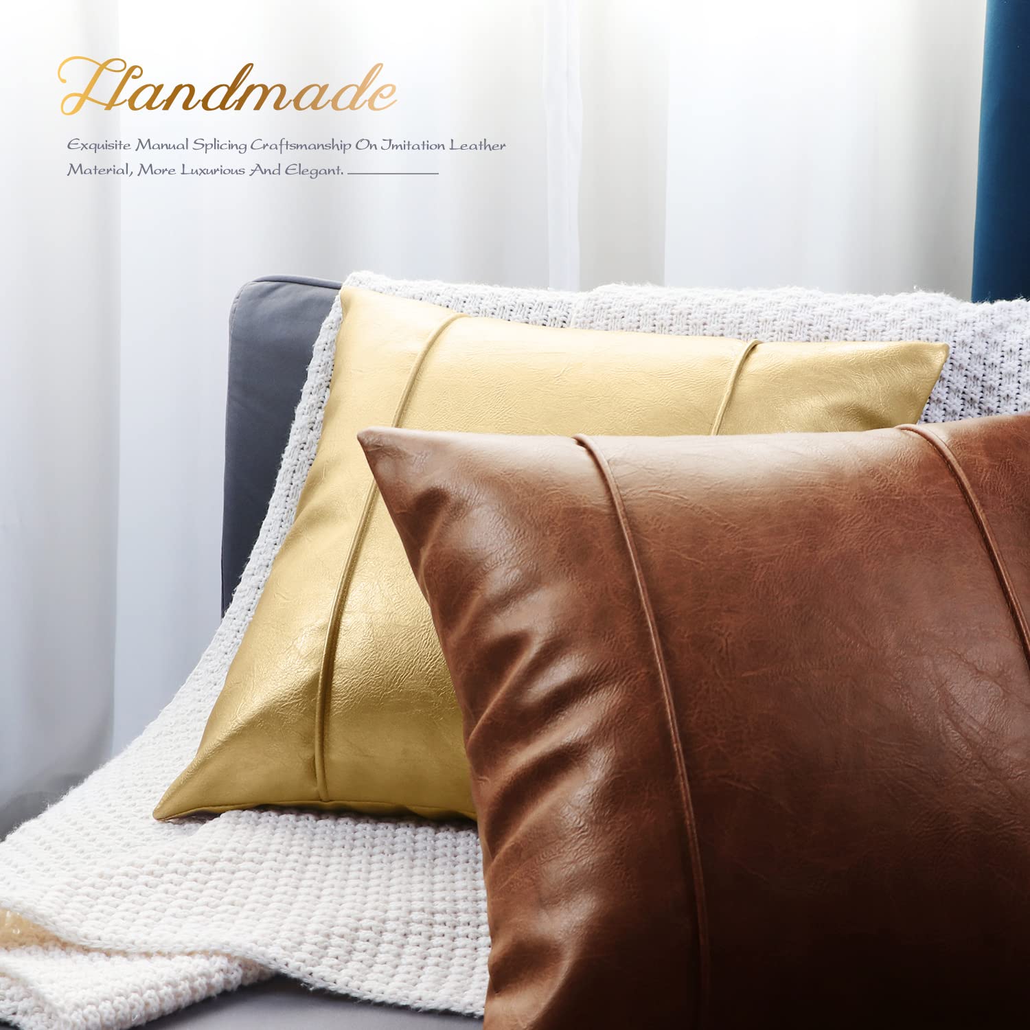 Brawarm Brown Leather Throw Pillow Covers 22 X 22 Inches - Faux Leather Pillow Cover With Piping, Hand Stitched Leather Throw Pi