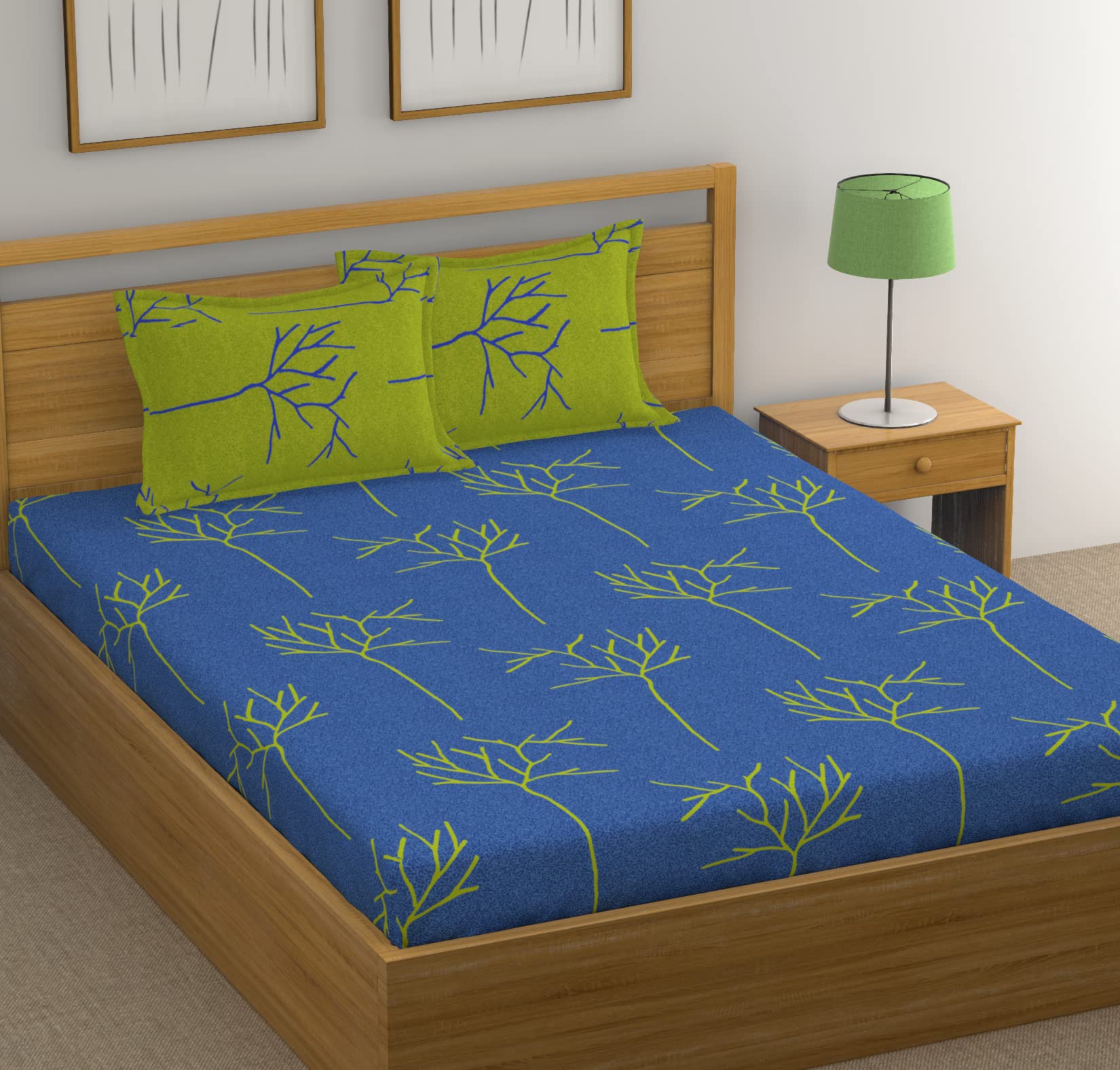 Huesland By Ahmedabad Cotton 144 Tc Cotton King Size Bedsheet With 2 Pillow Covers  Blue & Green(9Ft X 9Ft)