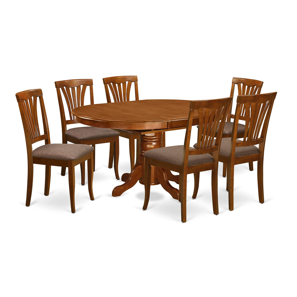 East West Furniture Avon 7 Piece Modern Set Consist of an Oval Wooden Table with Butterfly Leaf and 6 Faux Leather Kitchen Dining Chairs, 42x60 Inch, Saddle Brown