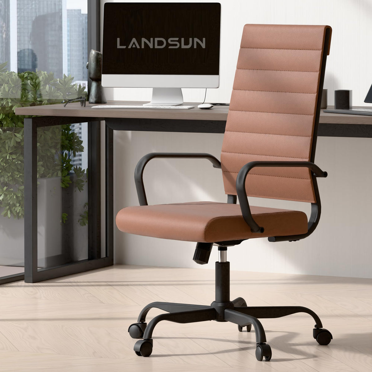 Landsun Home Office Chair High Back Executive Chair Ribbed Leather Computer Desk Chair With Armrests Soft Pad Adjustable Height