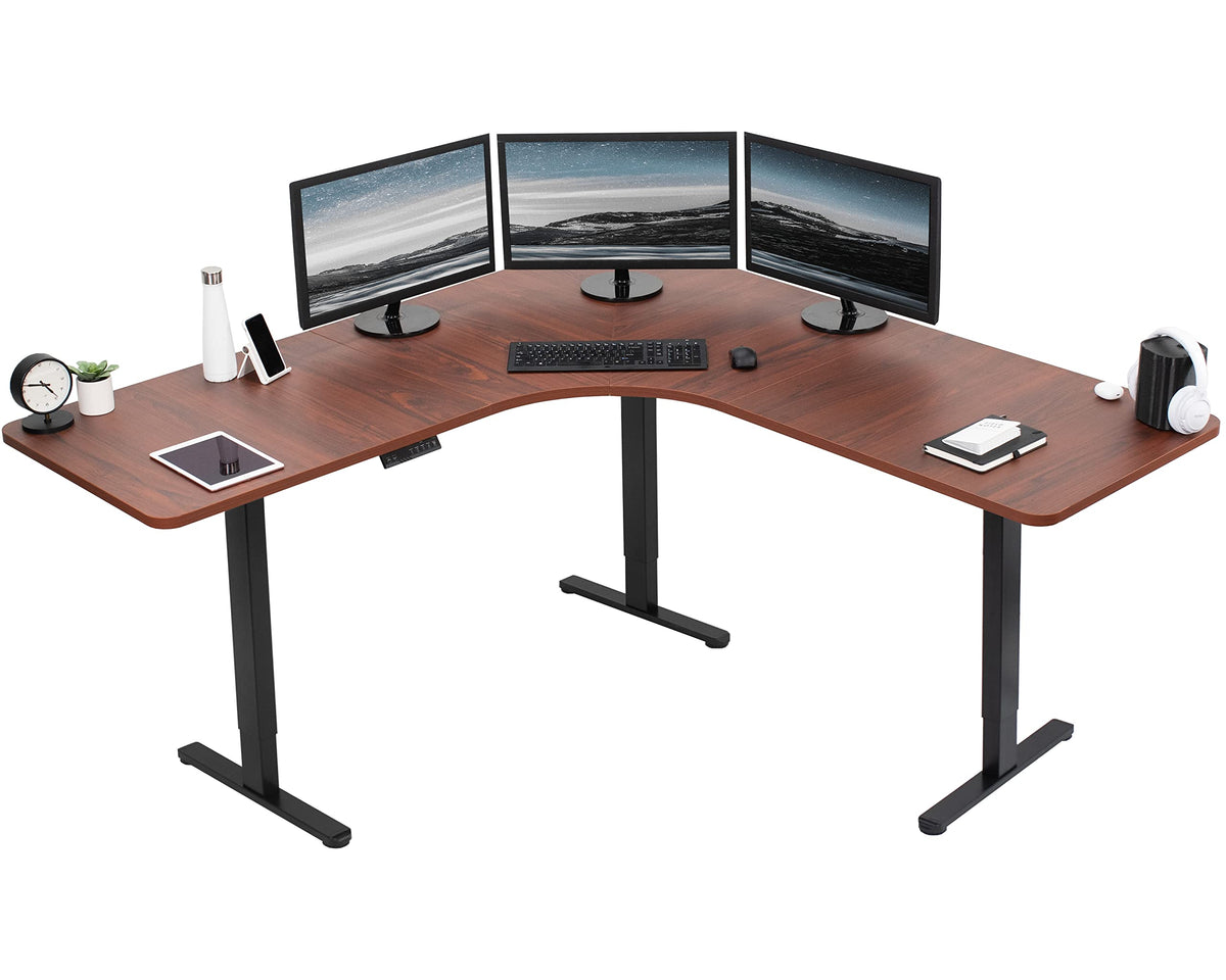 Vivo Electric Height Adjustable 71 X 71 Inch Curved Corner Stand Up Desk, Dark Walnut Table Top, Black Frame, Memory Controller, L-Shaped Workstation, E3C Series, Desk-Kit-E3Cbd