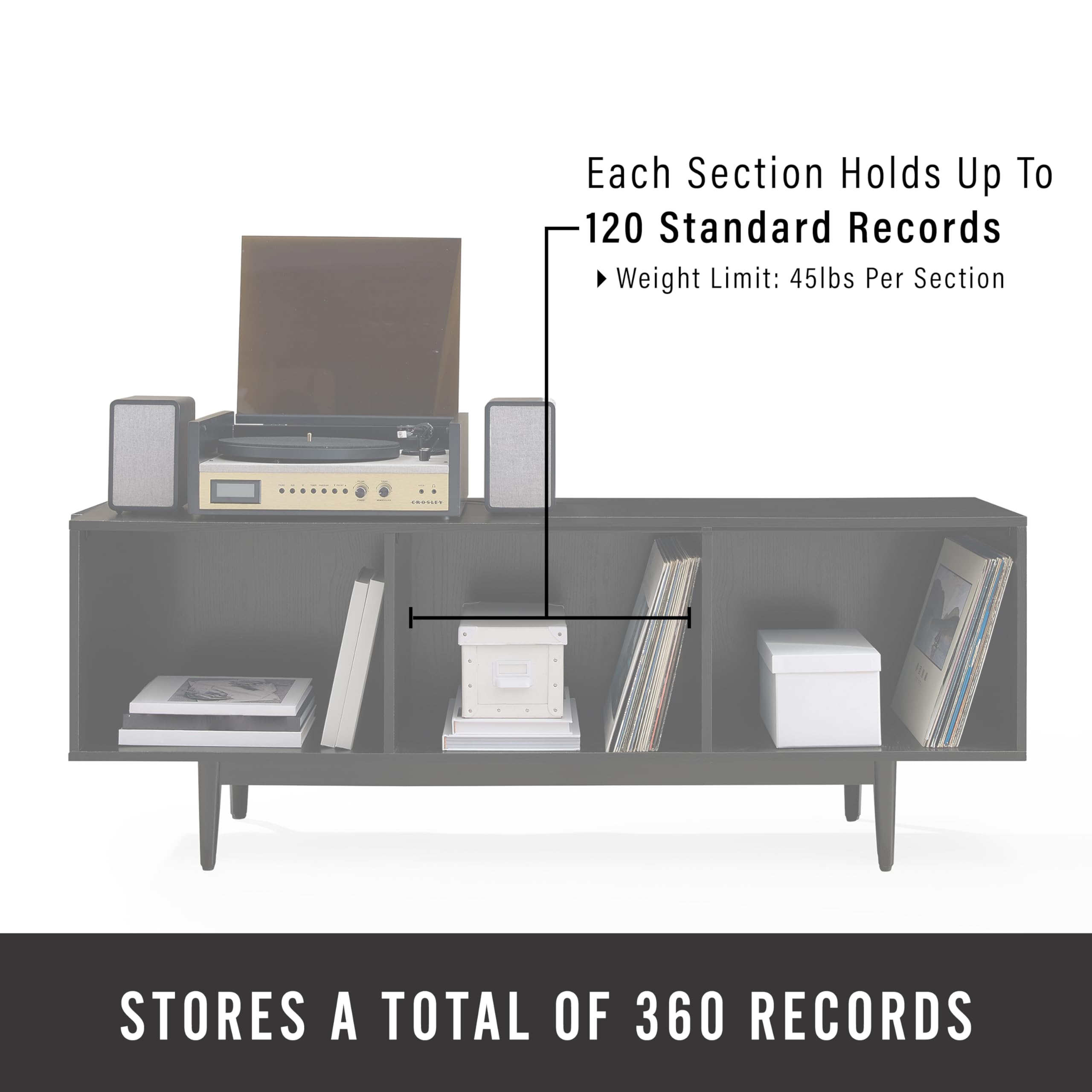 Crosley Furniture Liam Large Vinyl Record Storage TV Stand and Entertainment Center, Media Console, Black
