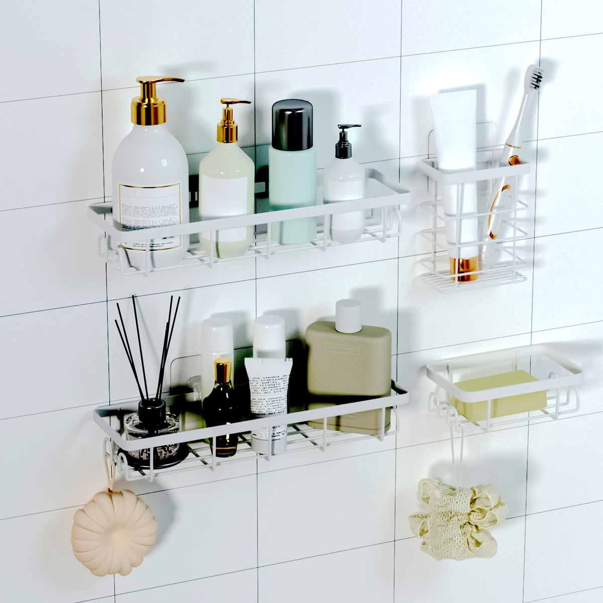 Uninol Shower Caddy Organizer with Hooks,Self Adhesive Bathroom Shelves,No Drilling Bathroom Organizers and Storage,Perfect for