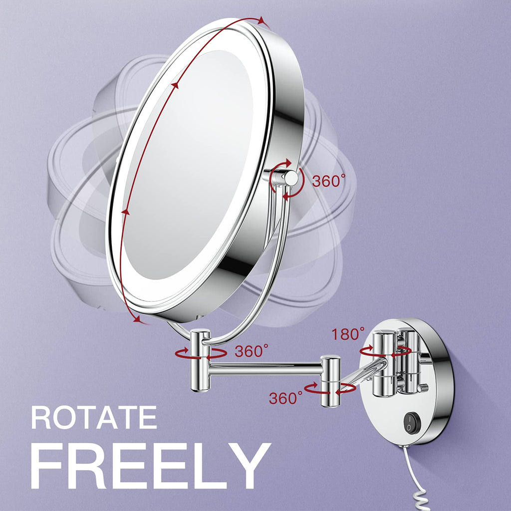 Benbilry LED Wall Mounted Makeup Mirror 9 Inch Double Sided 1x/10x Magnification Extendable Swivel Chrome