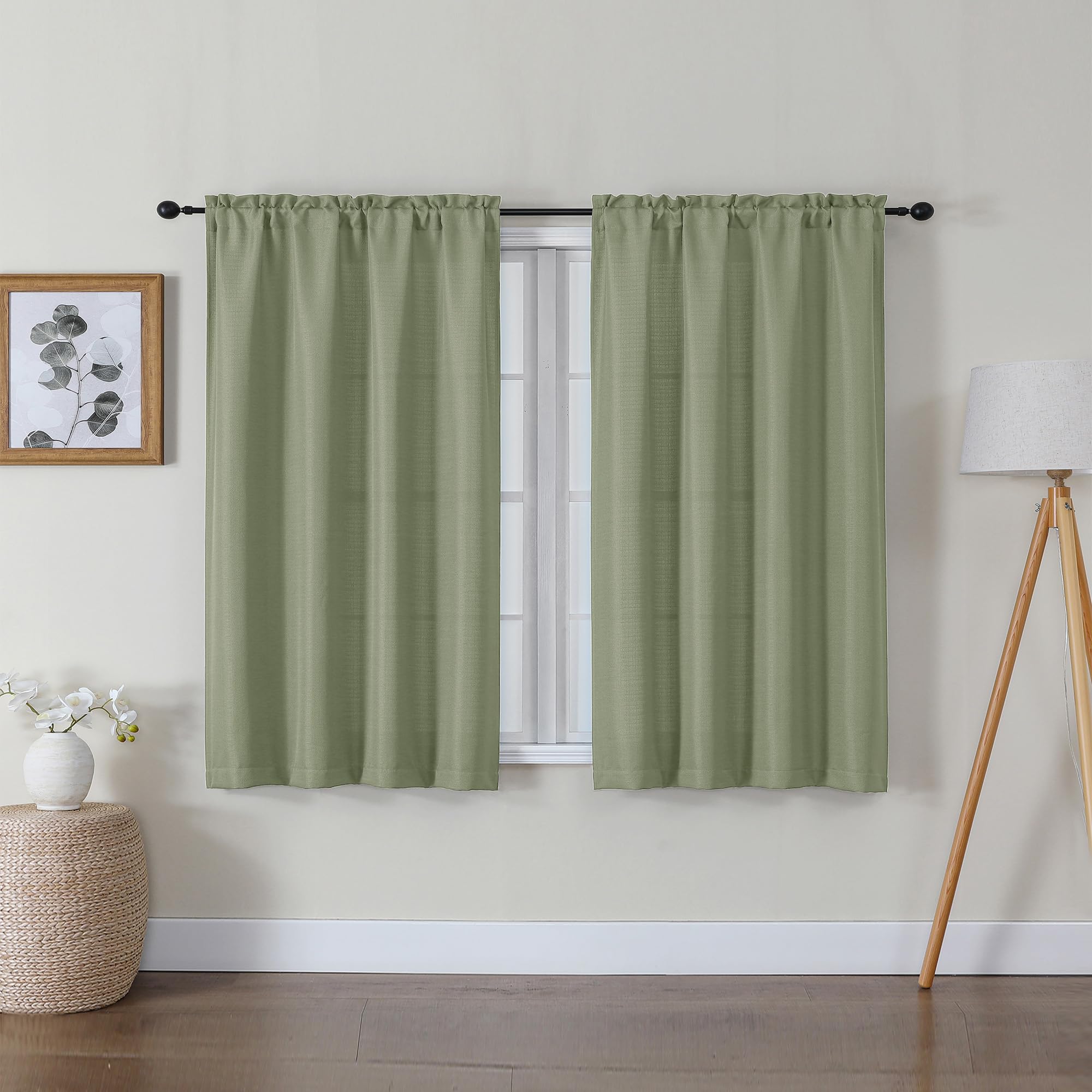 Lecloud Bessie Light Green Curtains 45 Inch Length 2 Panels, Light Filtering Curtains for Bedroom, Faux Linen Textured Window Dr