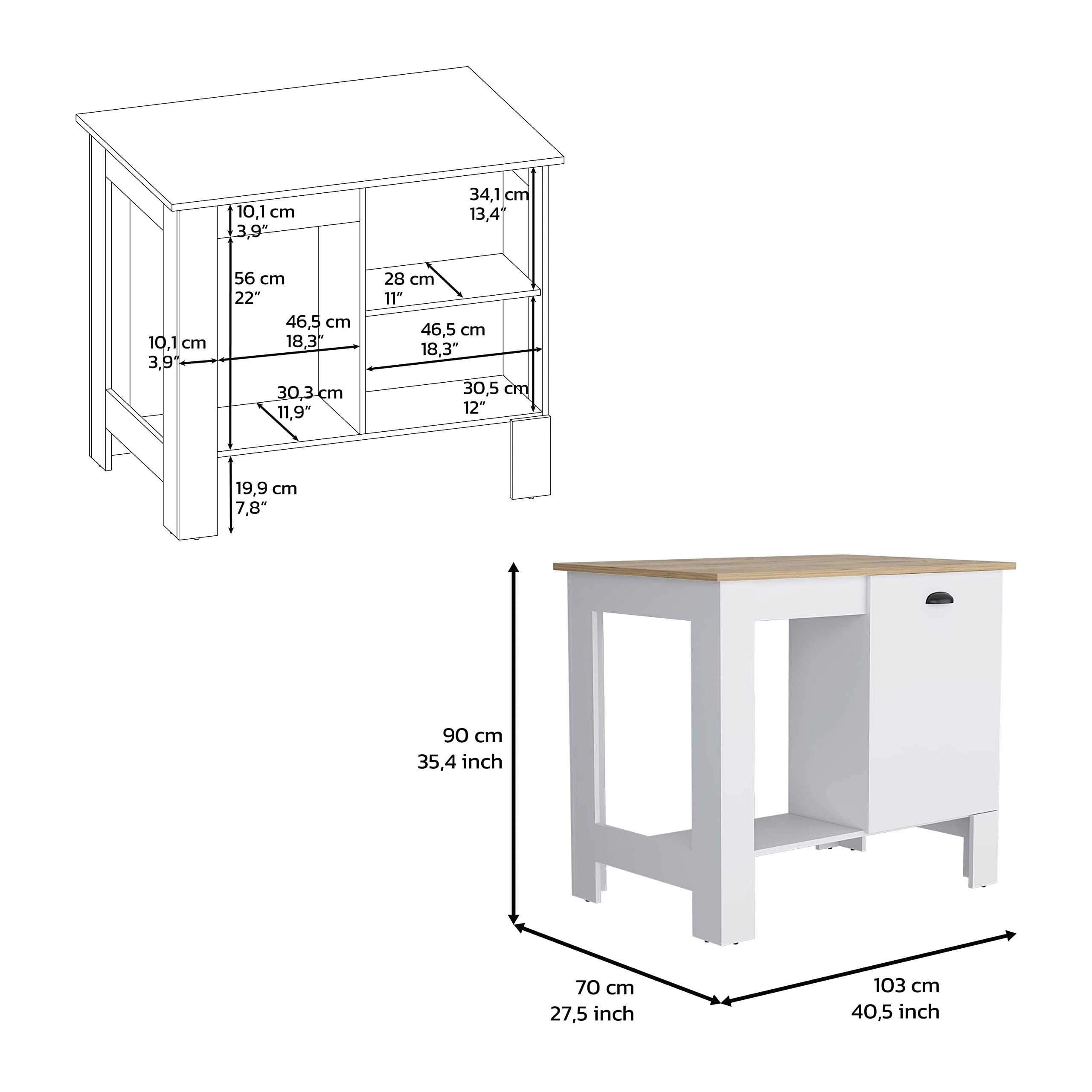 DEPOT E-SHOP Kitchen Island 35" H, 1 Storage Cabinet with Door, 2 Internal Shelves, 1 Open Storage Shelf, White/Macadamia