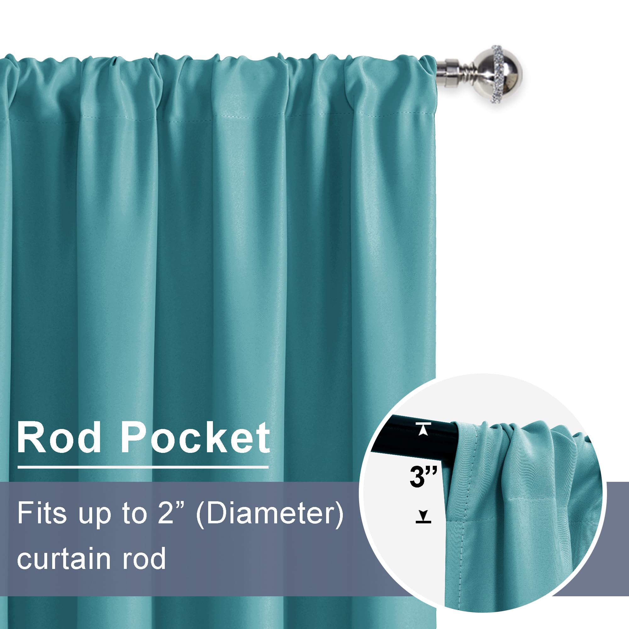 Jiuzhen Blackout Curtains For Bedroom - Thermal Insulated Room Darkening Rod Pocket Curtains For Living Room, Set Of 2 Panels With Tiebacks, 38 X 54 Inch Length, Turquoise