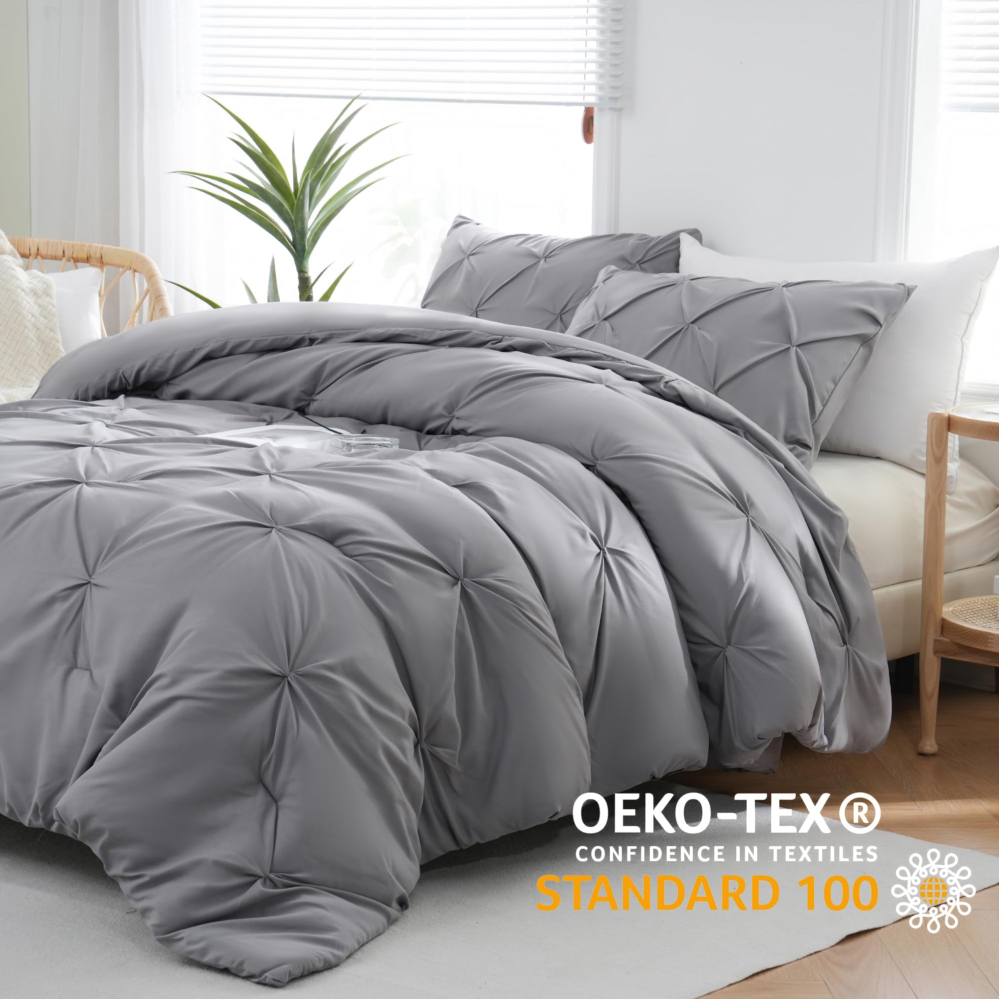 Downcool King Size Comforter Set - Grey Comforter King Size, Pintuck 3-Piece Bedding Comforter Sets, 1 Pinch Pleated Comforter &