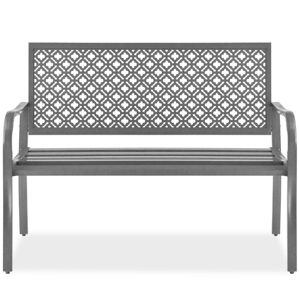 Best Choice Products Outdoor Bench 2-Person Metal Steel Benches Furniture For Garden, Patio, Porch, Entryway W/Geometric Backrest, 790Lb Capacity – Gray