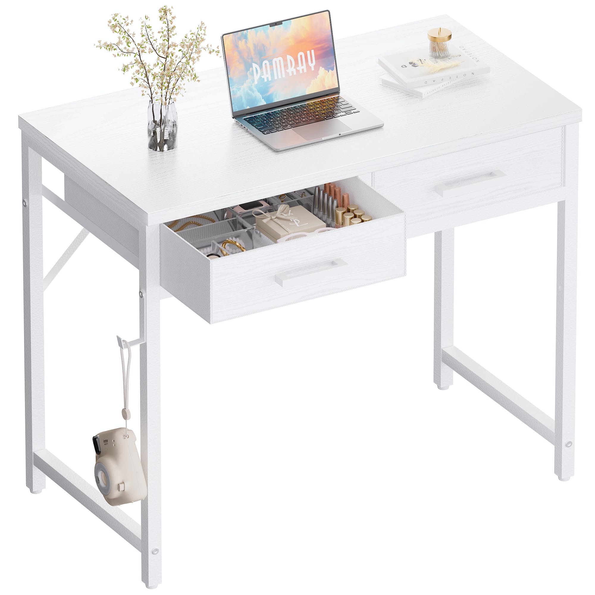 Pamray 32 Inch Small Computer Desk with 2 Drawers for Bedroom Study Writing Home Office Table for Small Spaces White