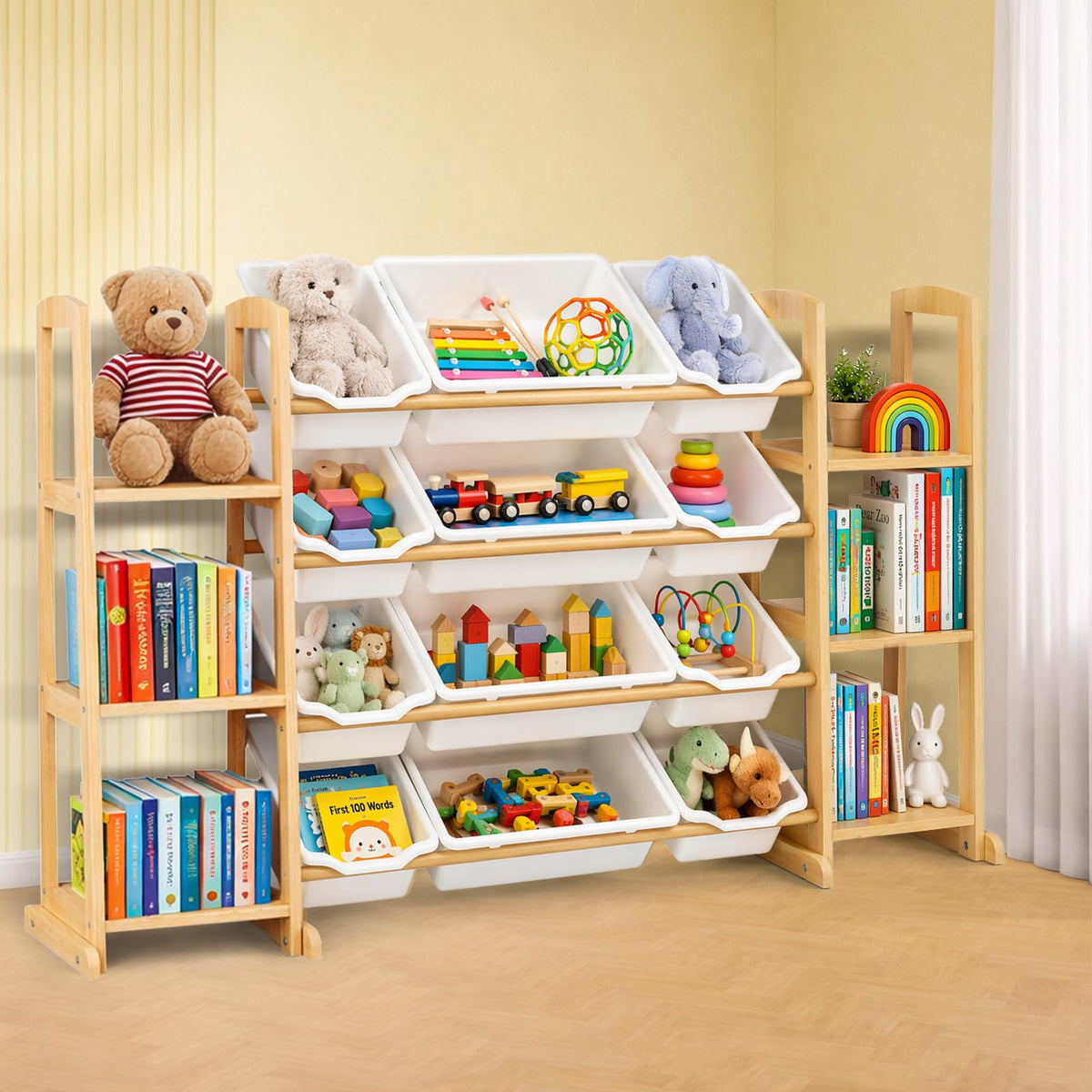 Etitlly Toy Storage Organizer with Bookshelf  Wooden Toy Organizer with 12 Toy Bins & 6 Tier Bookcase,Quick Assembly Kids Books