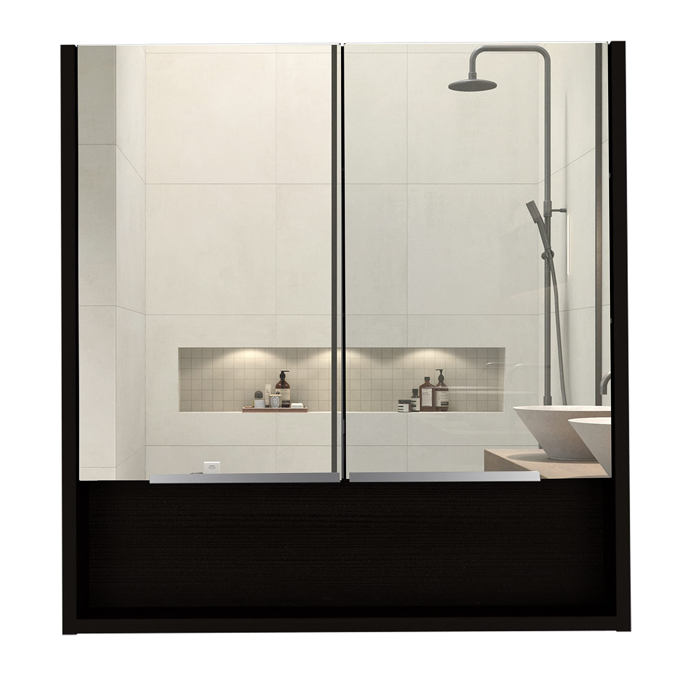 Depot E-Shop Tatacoa Mirror Medicine Cabinet with One Open Shelf and Three Interior Shelves, 24.6" H, Black, Bathroom