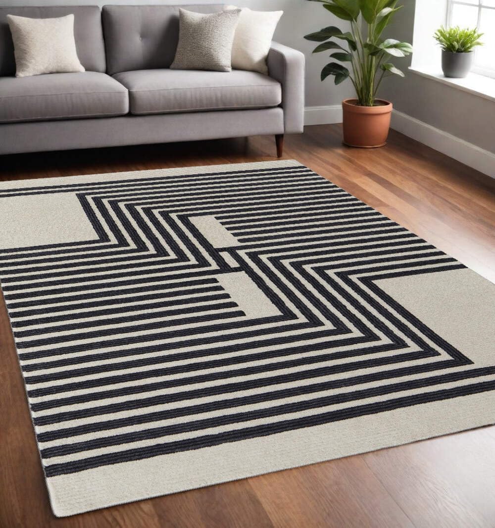 HomeRoots 514382 9 x 12 ft. Gray Ivory & Black Wool Abstract Hand Tufted Handmade Rectangle Area Rug