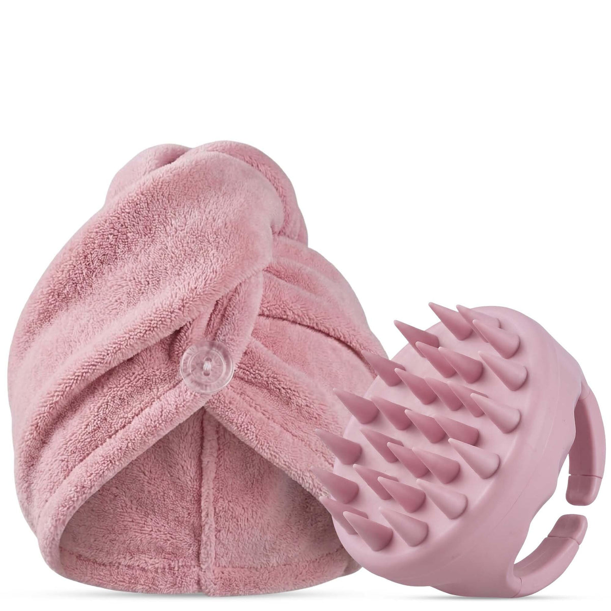 chrie Microfiber Hair Towel Wrap and Scalp Massager Scrubber Set, Pink