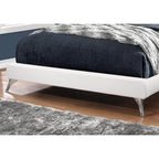 Monarch Specialties I Queen Size Leather-Look with Brown Wood Legs BED, WHITE