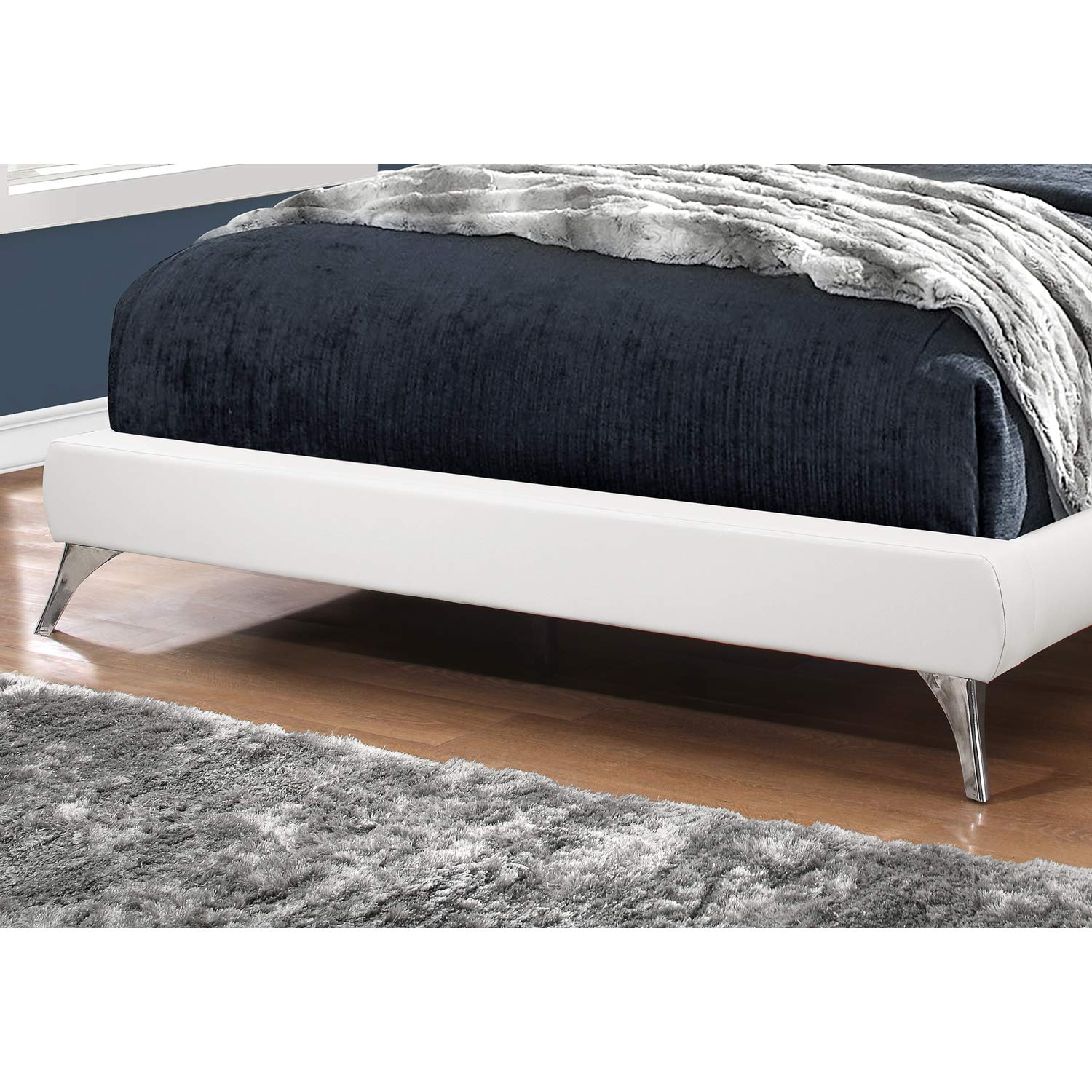 Monarch Specialties I Queen Size Leather-Look with Brown Wood Legs BED, WHITE