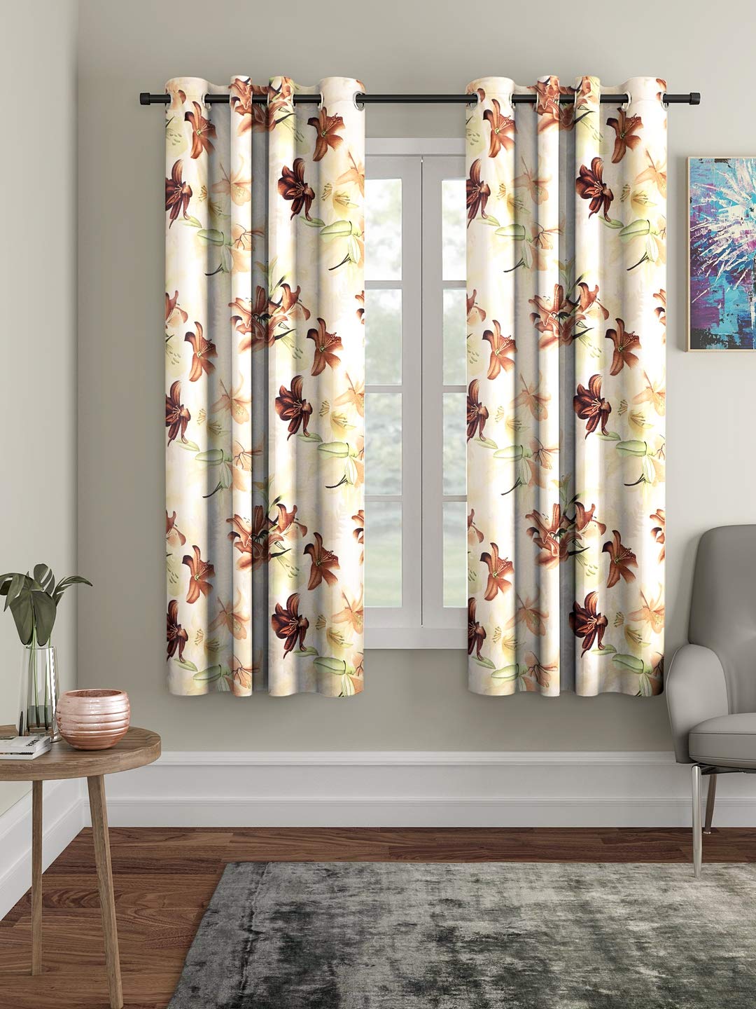 Home Sizzler 2 Pieces 3D Flower Eyelet Polyester Window Curtains  5 Feet, Brown