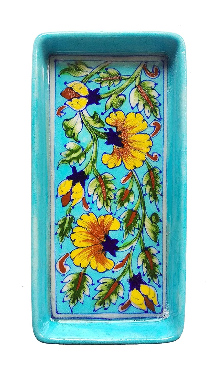 Shiv Kripa Blue Pottery Ceramic Handmade Decorative Blue Pottery Ceramic Bathroom Tray (4X8 Inch Rectangular