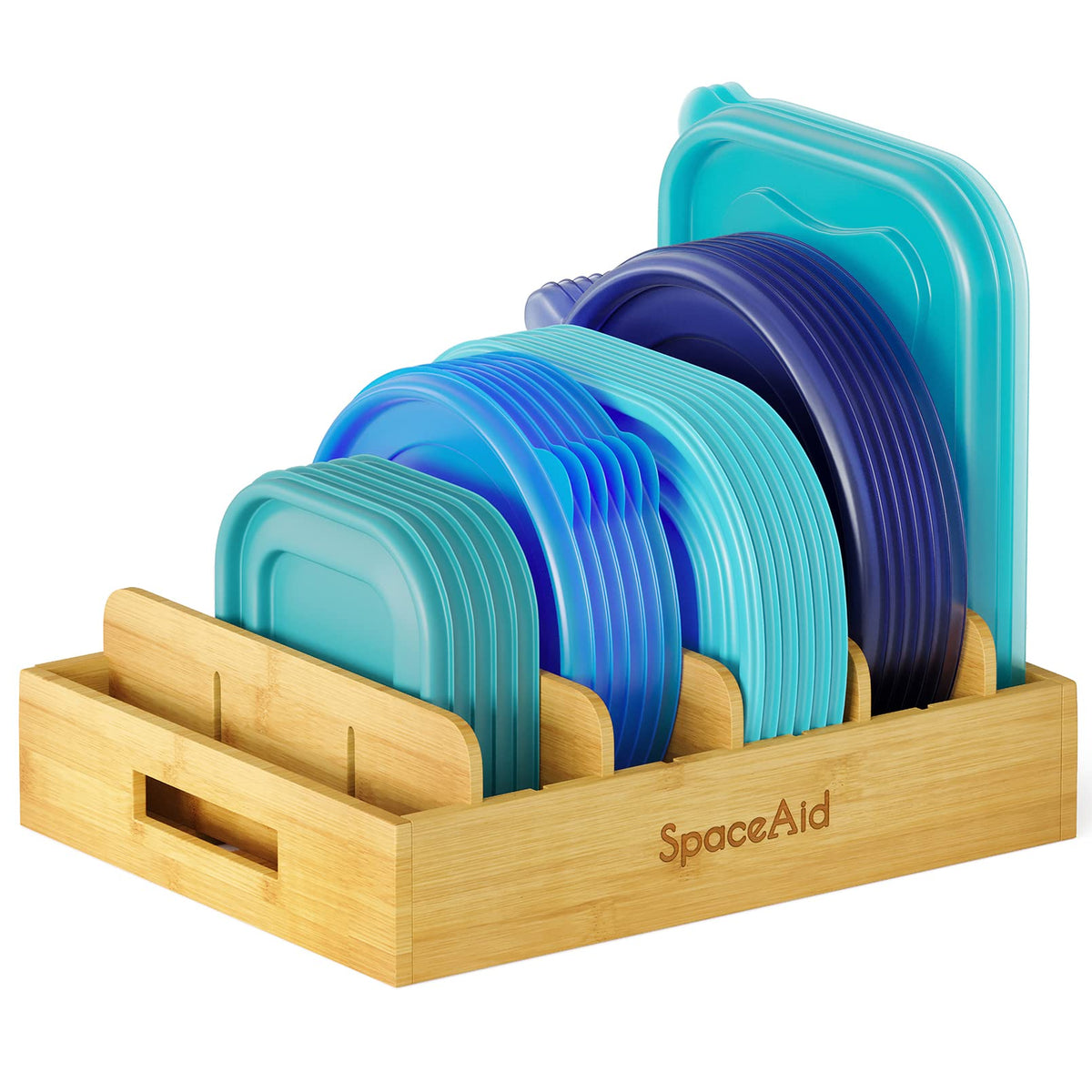SpaceAid Bamboo Lid Organizer, Kitchen Pantry Lid Holder with 5 Adjustable Dividers for Cabinets, Food Storage Container Organiz