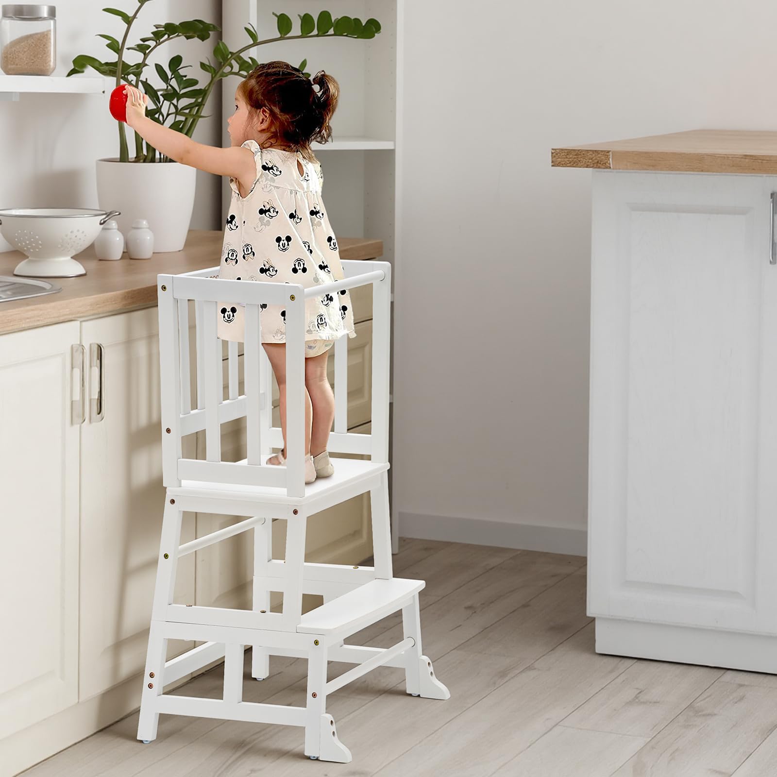 COSYLAND Toddler Standing Tower with Stabilizing Legs - Bamboo Kids Kitchen Step Stool for Learning Cooking (White)