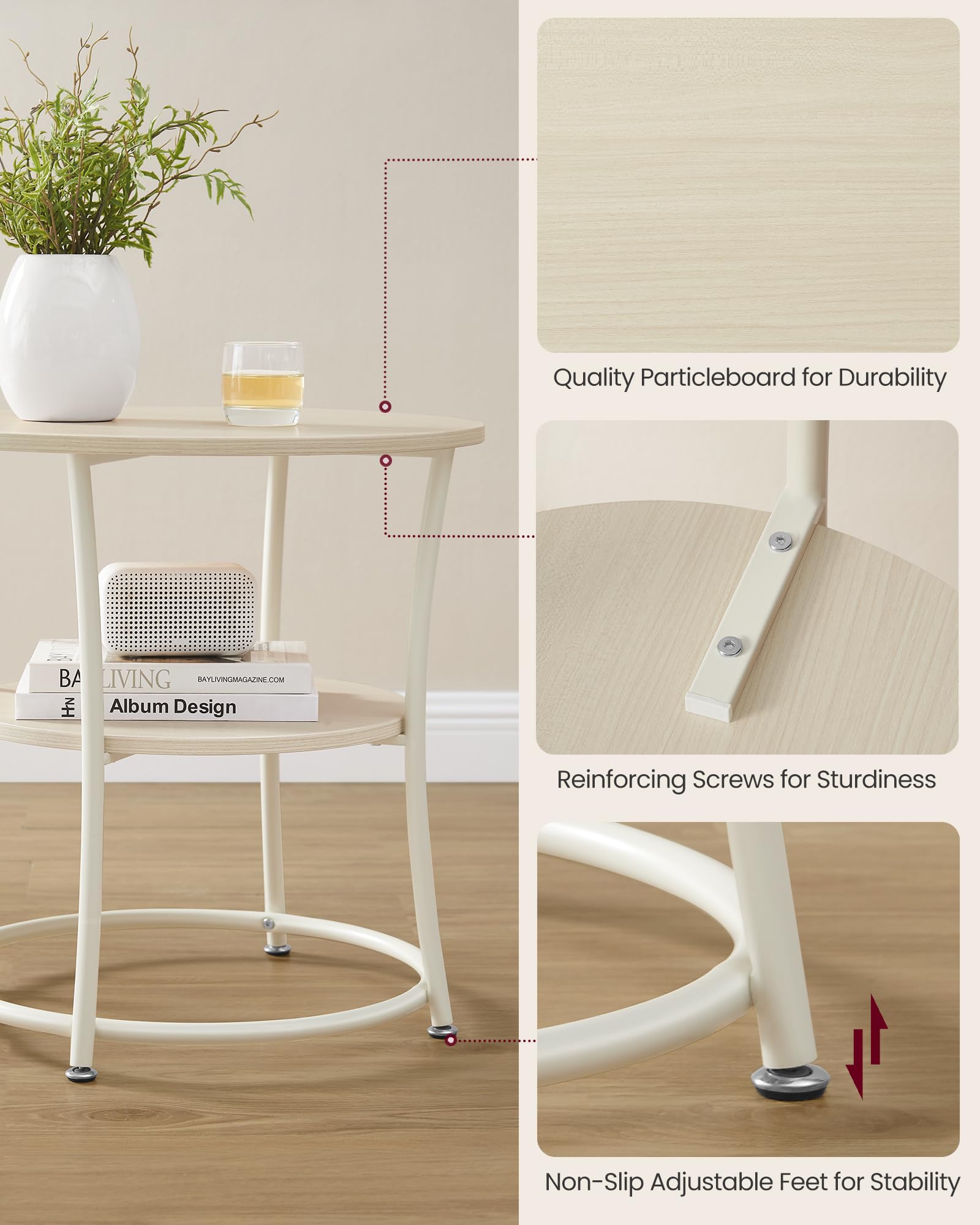 Vasagle Side Table, Round End Table With 2 Storage Shelves For Living Room, Bedroom, Nightstand With Steel Frame For Small Spaces, Accent Coffee Table, Natural Beige