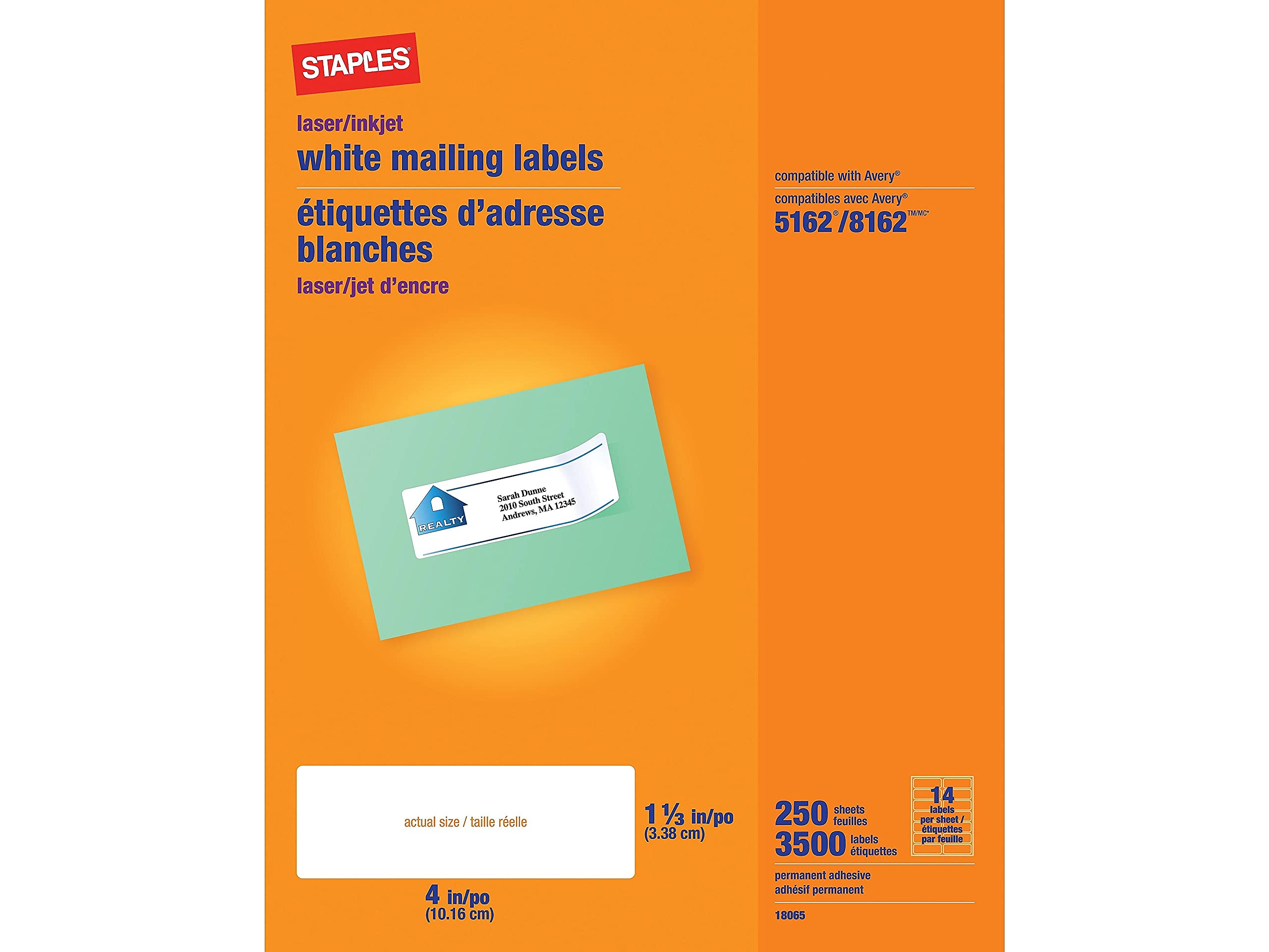 Staples 489563 Laser/Inkjet Address Labels 1 1/3-Inch X 4-Inch White 14 Labels/Sheet