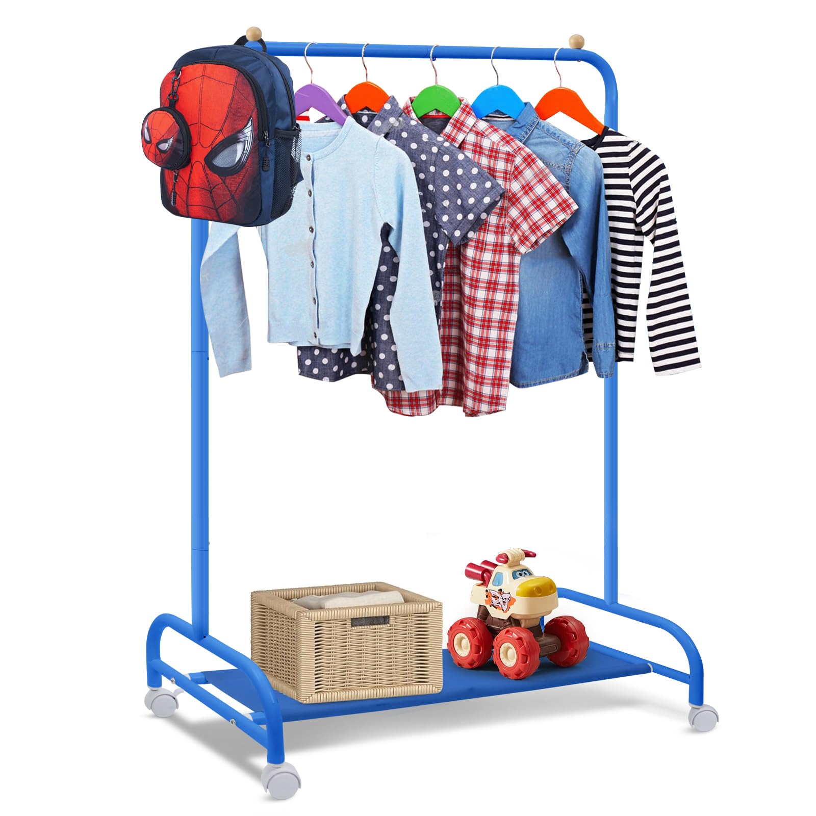 YGJT Kids Clothing Rack, Baby Clothes Rack for Hanging Clothes with Wheels and Bottom Storage Shelf, Small Toddler Garment Rack 