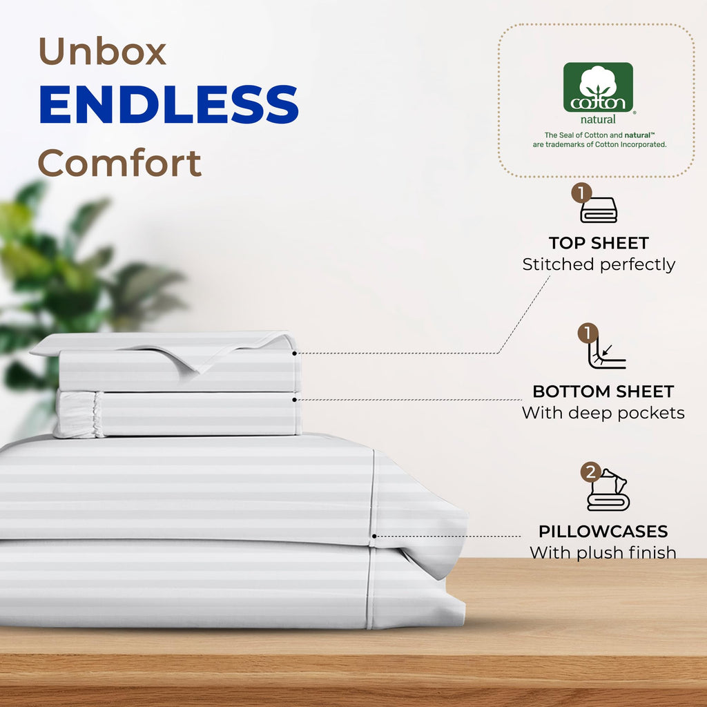 600 Thread Count Egyptian Quality 100% Cotton Stripe Sheets Set, Queen Size Bedding Set In White