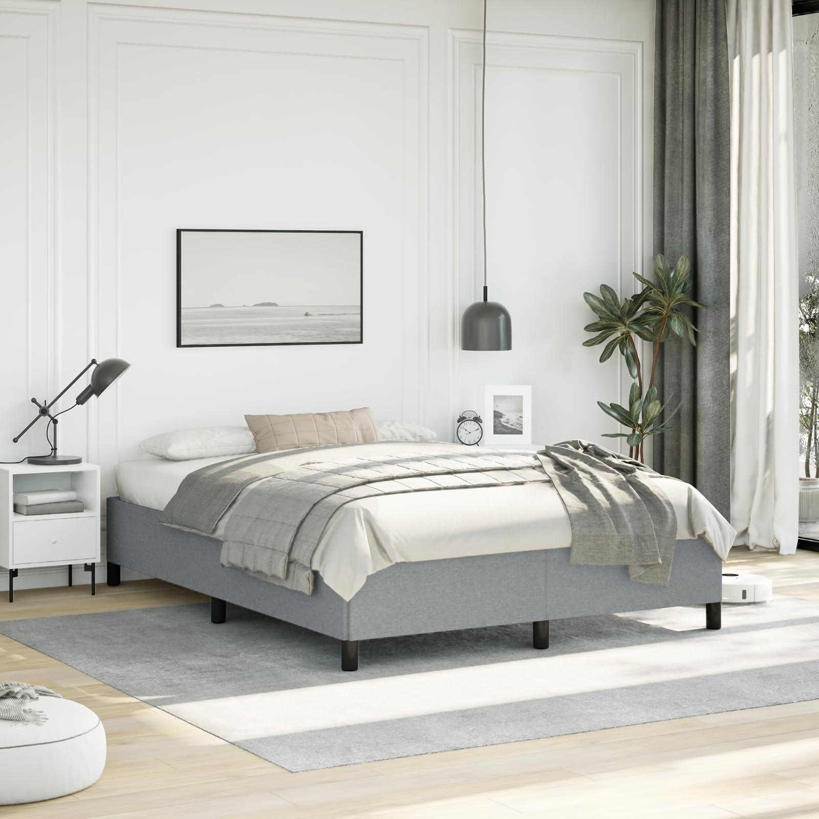 vidaXL Queen Size Bed Frame with Plywood Slats, Platform Bed Frame, Fabric Upholstered Mattress Foundation, No Box Spring Needed & Easy Assembly, Light Gray, Without Mattress