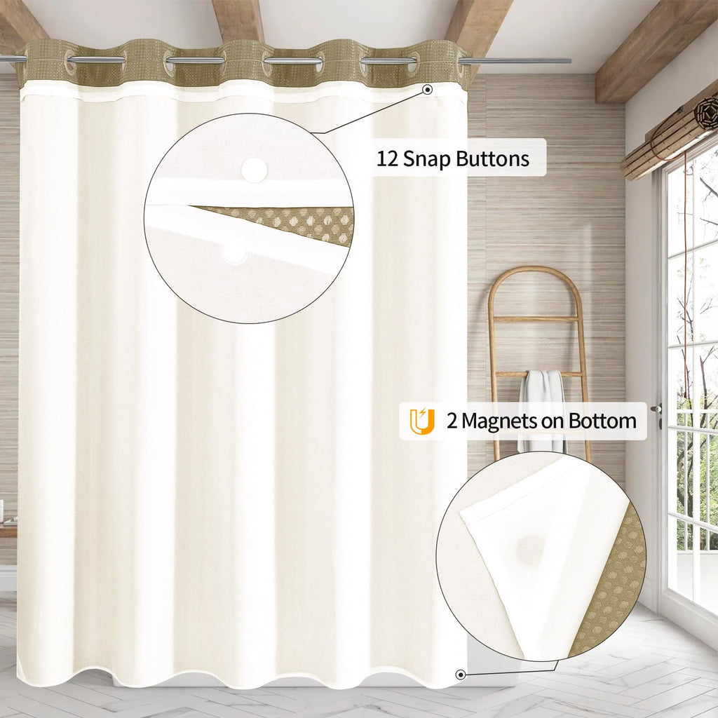 Mitovilla No Hooks Needed Beige Waffle Shower Curtain With Snap-In Liner, Modern Waffle Weave Heavy Duty Fabric Cloth Shower Cur