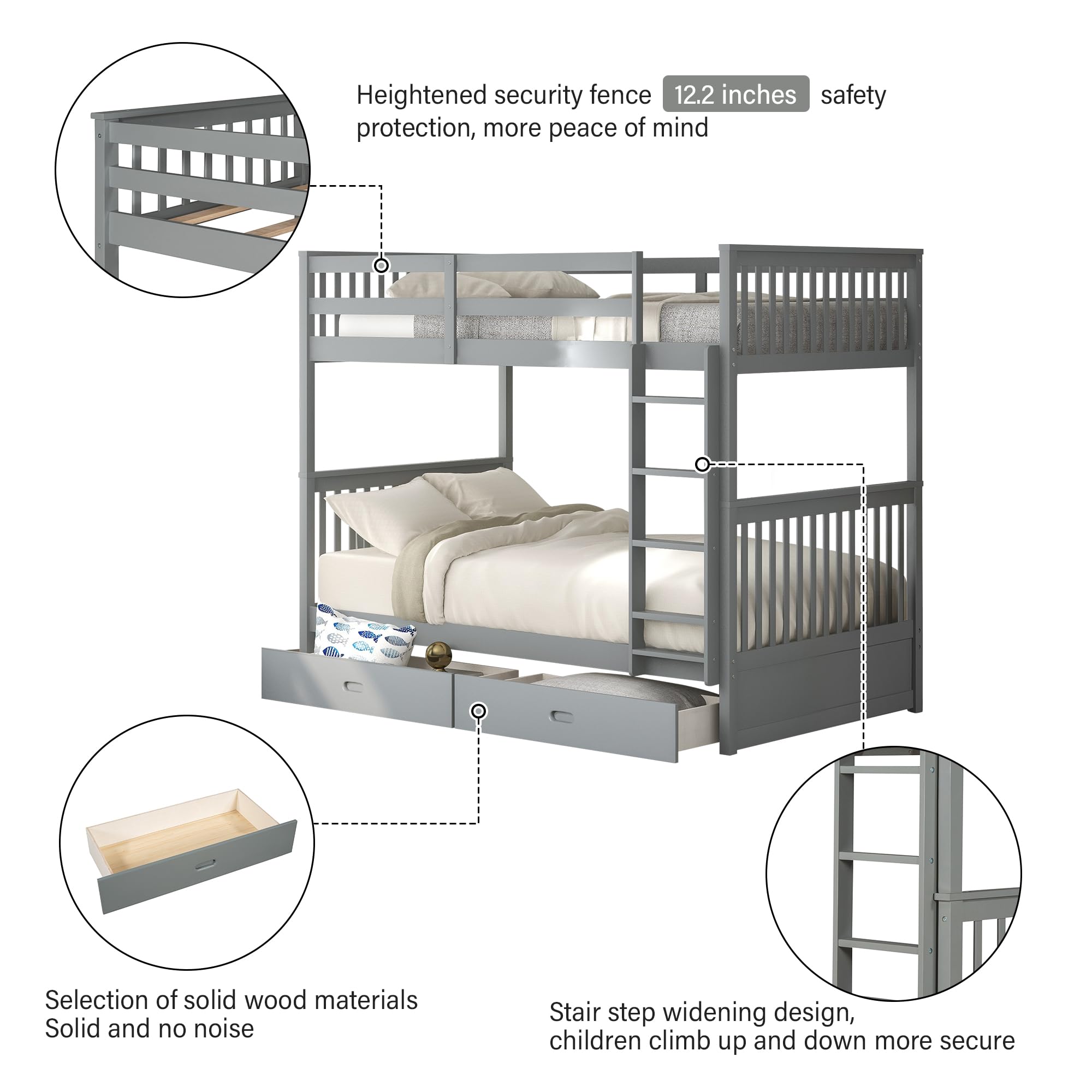 Merax Wood Bunk Bed With Drawers,Convertible Wood Bunk Bed With Ladders And Two Storage Drawers,Solid Wood Detachable Bunk Bed Frame With Ladders,Twin Over Twin Size,Grey