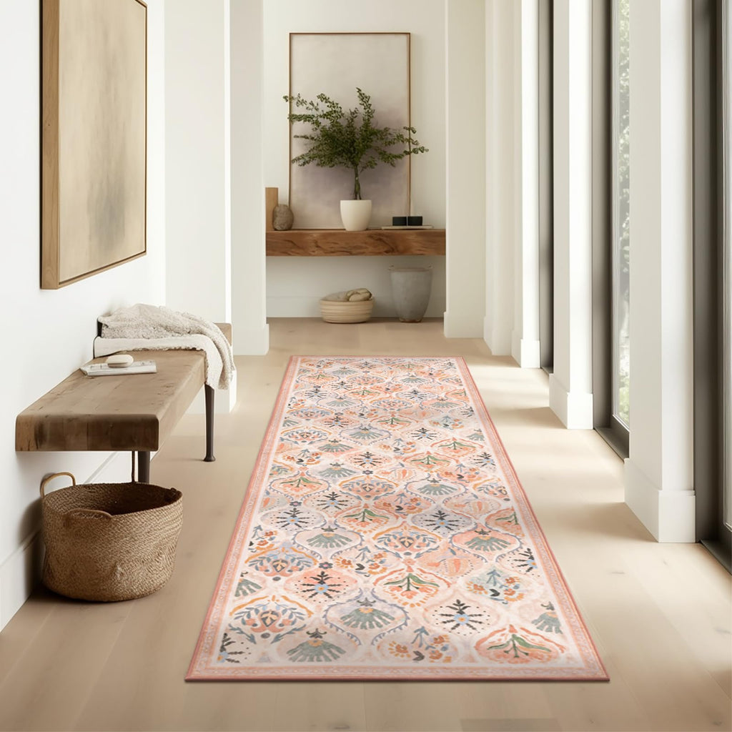 Ashler Runner Rugs 2x6, Floral Hallway Rug, Ultra-Thin Boho Tropical Area Rug, Vintage Long Rugs for Entryway, Kitchen, Flesh Pi