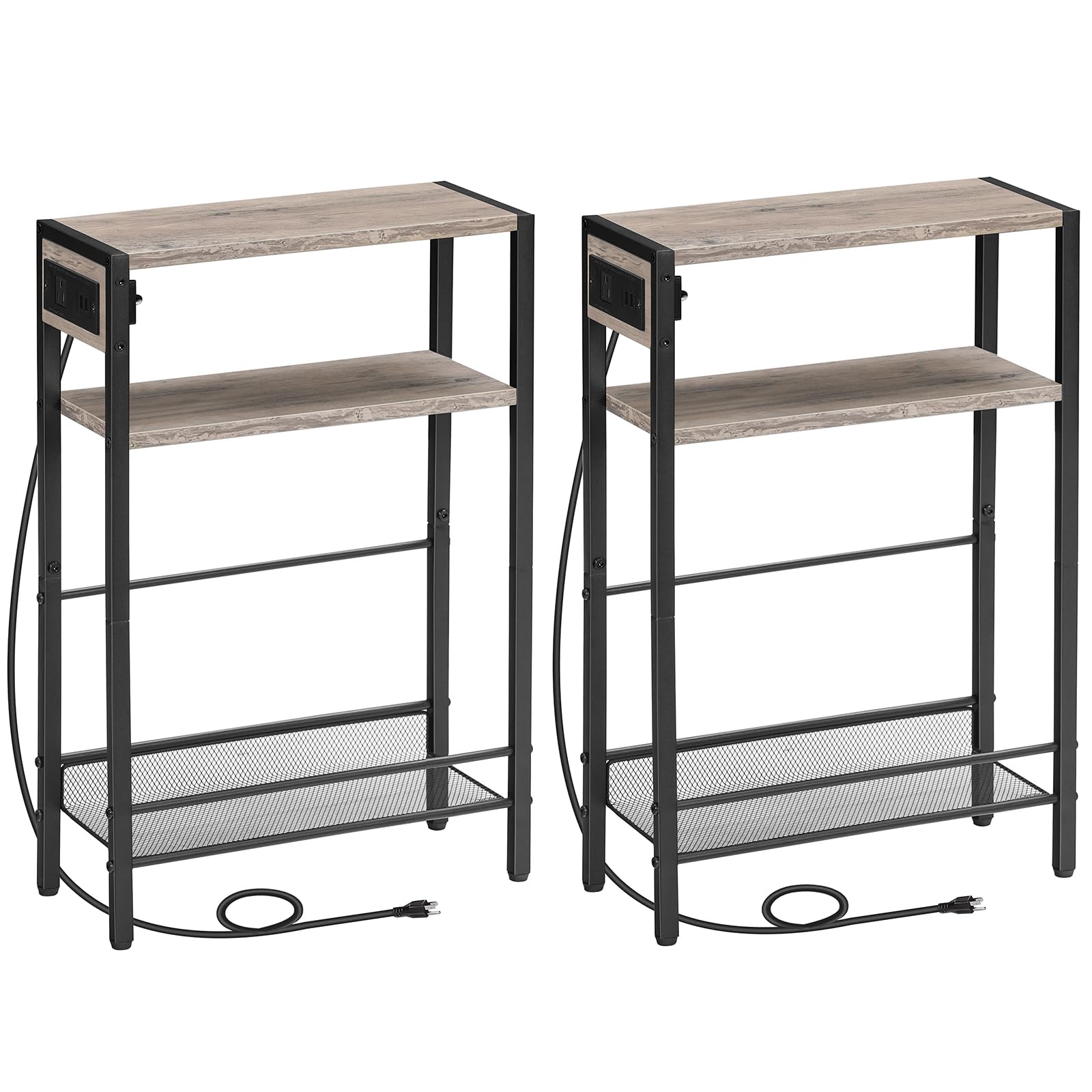 Hoobro Small Narrow Side Table With Charging Station Set Of 2, Skinny End Table For Small Spaces, Slim Nightstand With Usb Ports Outlet, Sofa Beside Table With Storage Shelf Bg102Ubzp201