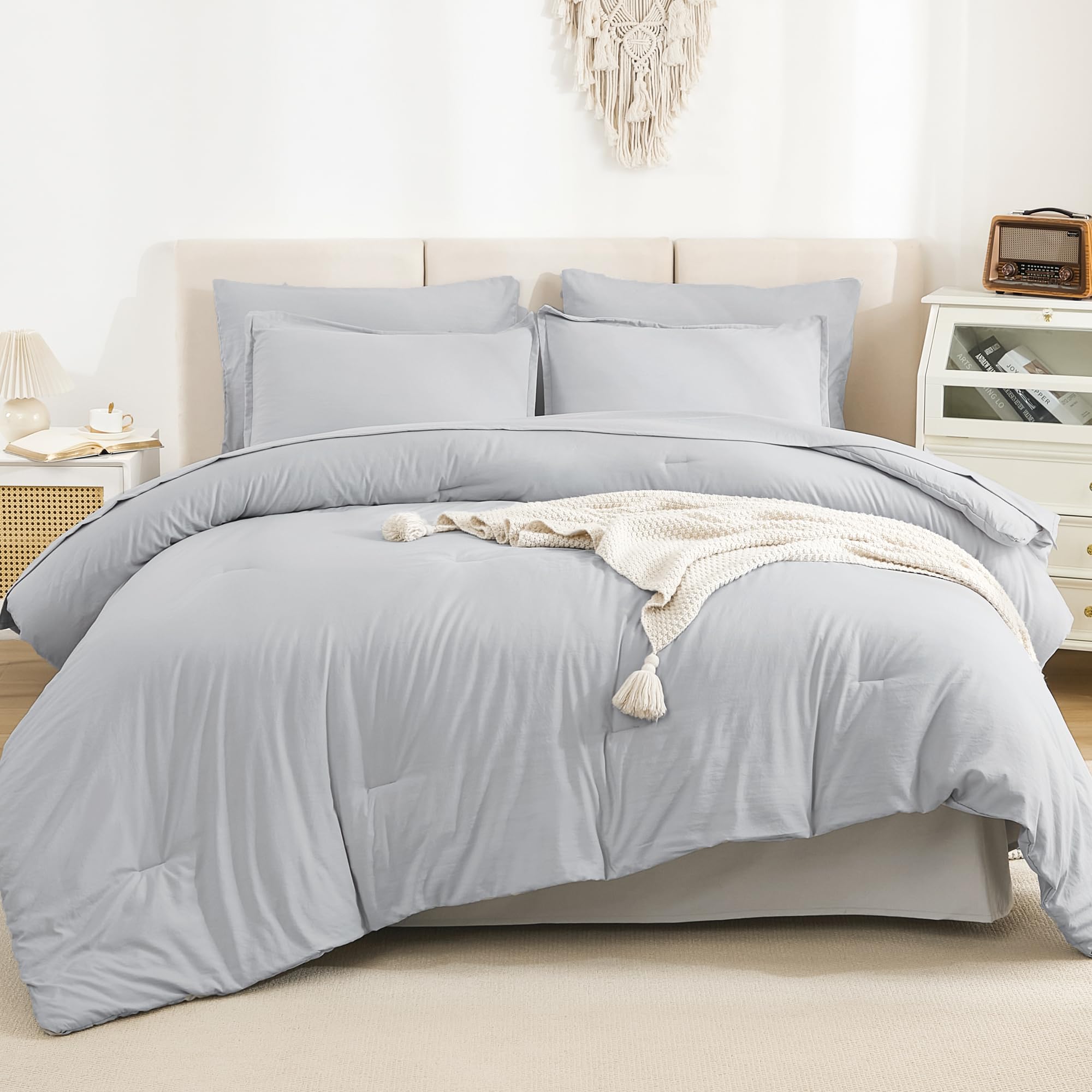 Litanika California King Comforter Set Light Grey - 7 Pieces Bed In A Bag Cal King Beddding Comforter Sets, Plain Lightweight Be