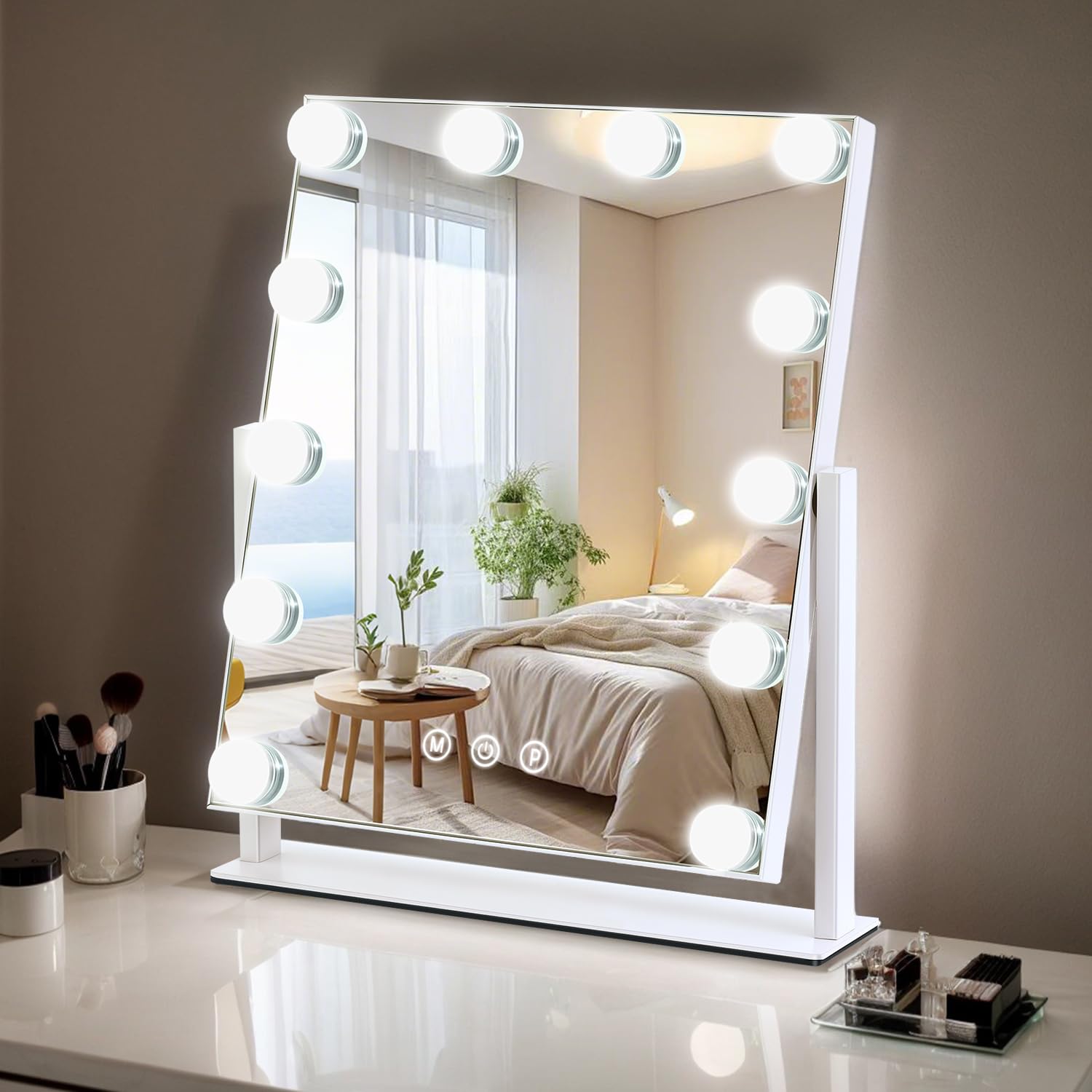 ZBOCAI Vanity Mirror with Lights, 13 x 11 Lighted Makeup Mirror for Desk, Hollywood Mirror with 12 Dimmable Bulbs, 3 Color M