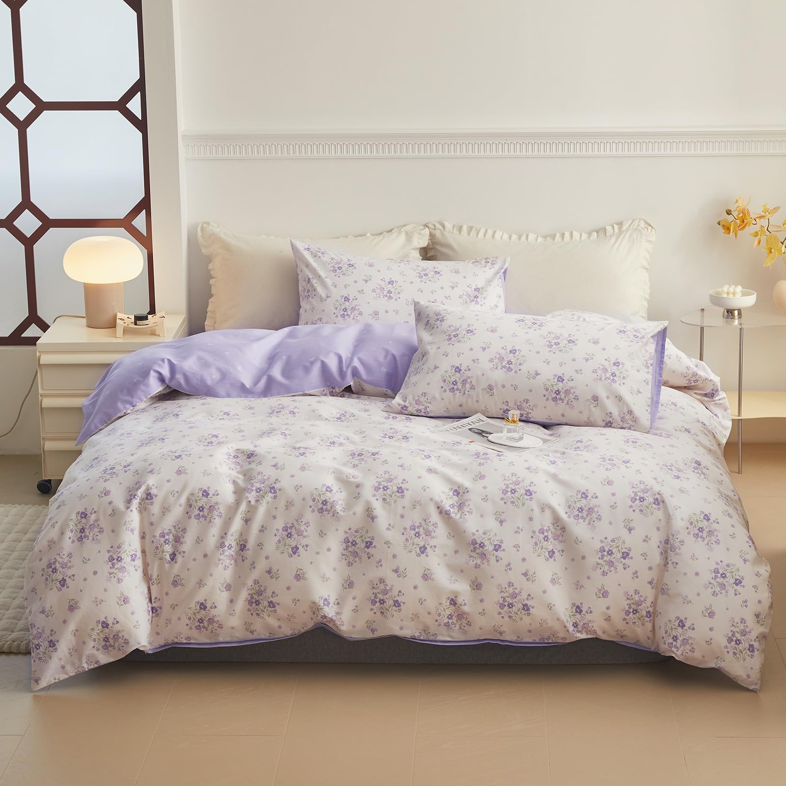 Lifetb Purple Floral Duvet Cover Twin Xl Soft White 100% Cotton Chic Garden Floral Bedding Set Twin Xl Aesthetic Girls Flower Co
