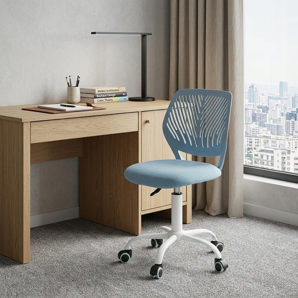 Pale Blue and White Adjustable Height Swivel Rolling Office Chair
