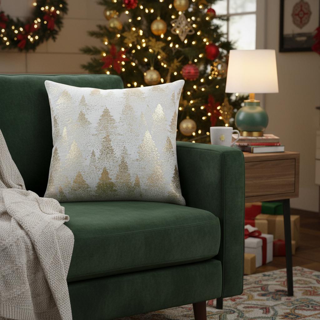 20 Ivory And Gold Cotton Winter Trees Throw Pillow