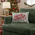 14 X 20 Ivory Red And Green Cotton Happy Holidays Throw Pillow With Embroidery