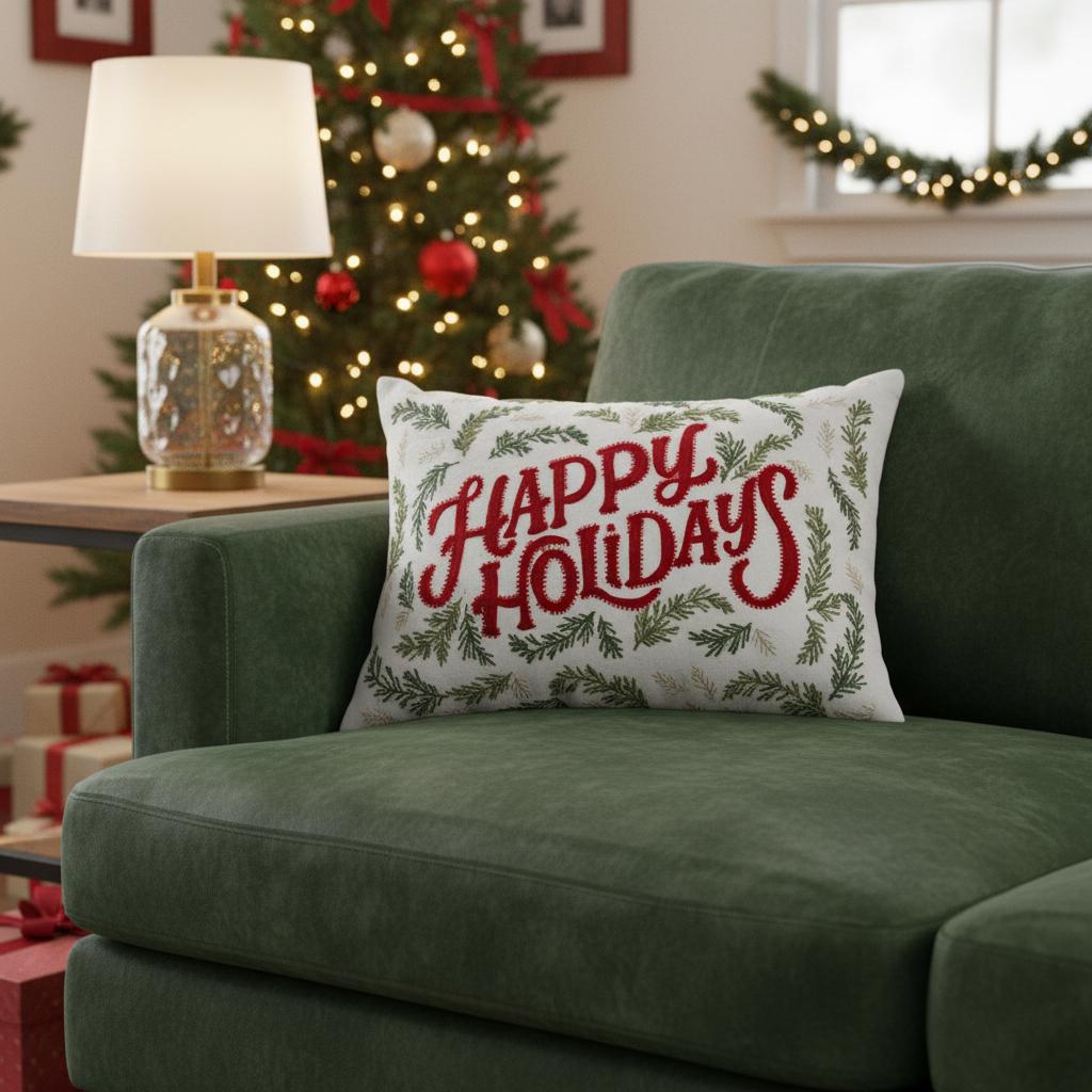 14 X 20 Ivory Red And Green Cotton Happy Holidays Throw Pillow With Embroidery