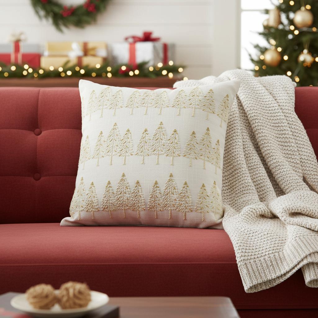 18 Ivory And Gold Cotton Christmas Trees Throw Pillow With Embroidery