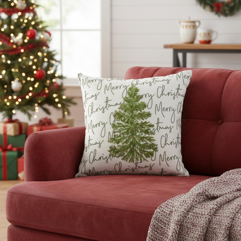 18 White And Green Cotton Merry Christmas Throw Pillow With Embroidery