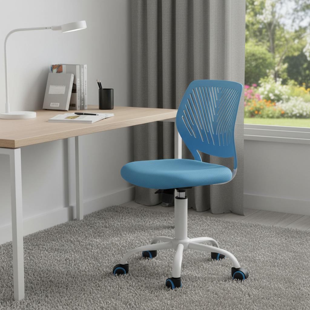 Blue and White Adjustable Height Swivel Rolling Office Chair