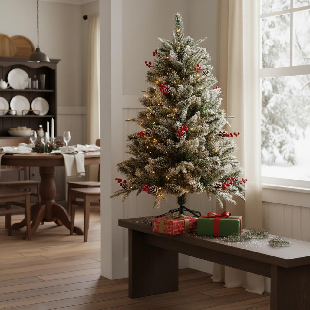 4 Green And White Pre Lit Full Flocked Pine Christmas Tree With Decorations