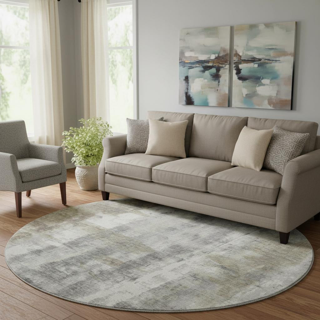 8 Beige Gray And Ivory Abstract Washable Round Rug With UV Protection