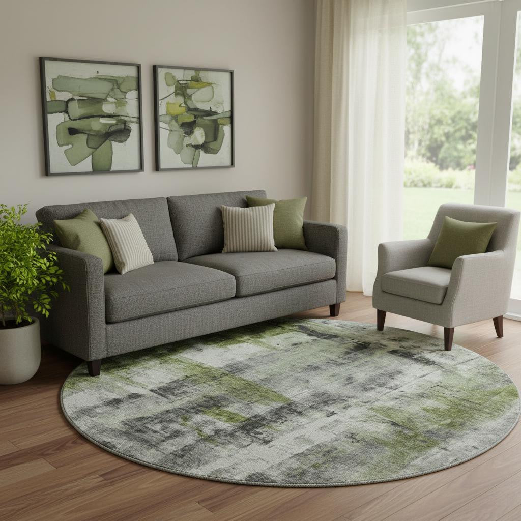 8 Olive Green Charcoal And Ivory Abstract Washable Round Rug With UV Protection