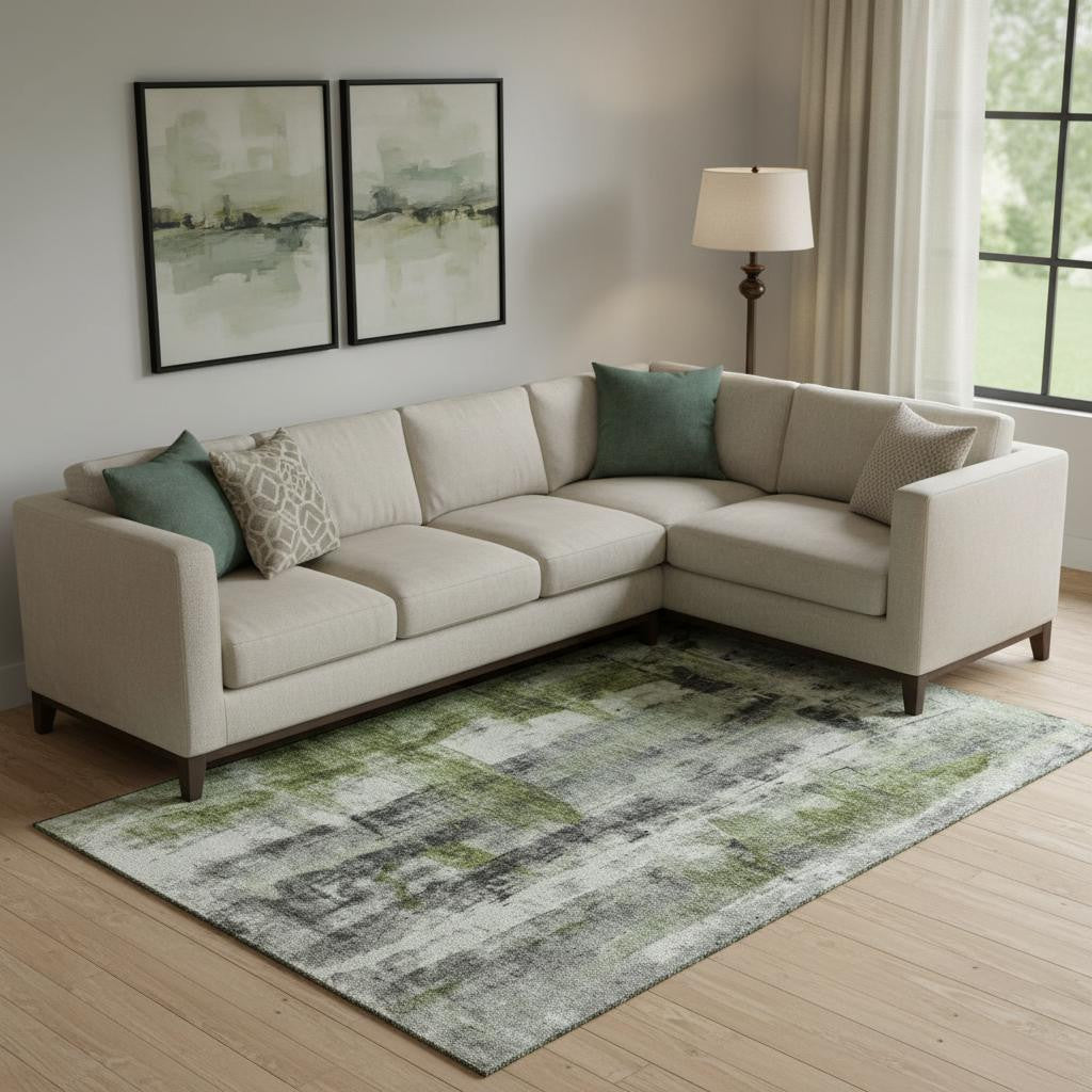 10 X 14 Olive Green Charcoal And Ivory Abstract Washable Area Rug With UV Protection