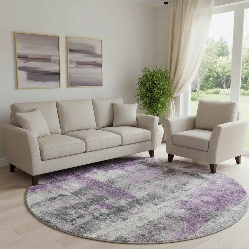 8 Purple Charcoal And Ivory Abstract Washable Round Rug With UV Protection