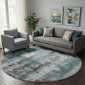 8 Teal Charcoal And Ivory Abstract Washable Round Rug With UV Protection